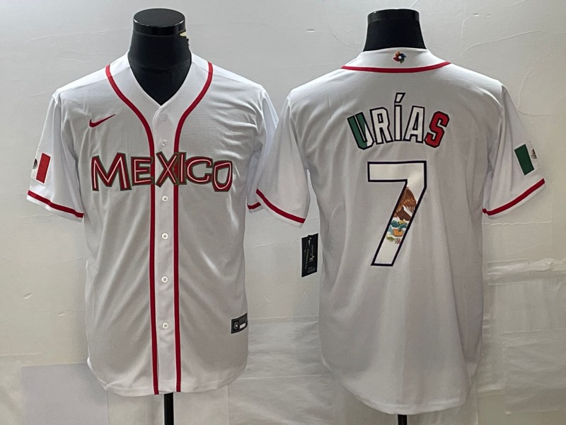 Men's Mexico Baseball #7 Julio Urías 2023 White World Baseball With Patch Classic Stitched  Jersey