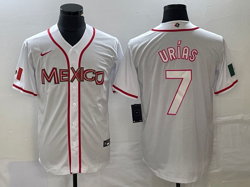 Men's Mexico Baseball #7 Julio Urías 2023 White World Baseball With Patch Classic Stitched   Jersey