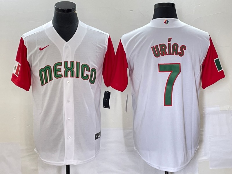 Men's Mexico Baseball #7 Julio Urías 2023 White Red World Baseball With Patch Classic Stitched    Jersey