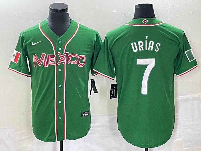 Men's Mexico Baseball #7 Julio Urías 2023 Green World Baseball With Patch Classic Stitched   Jersey