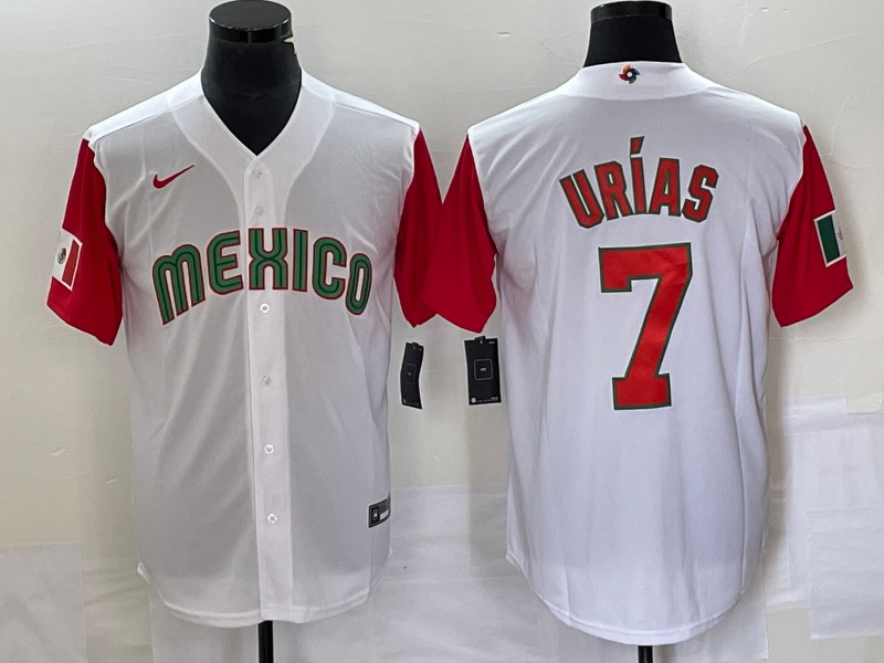 Men's Mexico Baseball #7 Julio Urías 2023 White Red World Baseball With Patch Classic Stitched   Jersey