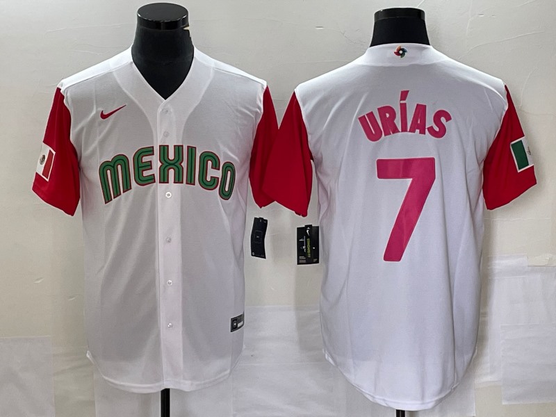 Men's Mexico Baseball #7 Julio Urías 2023 White Red World Baseball With Patch Classic Stitched Jersey