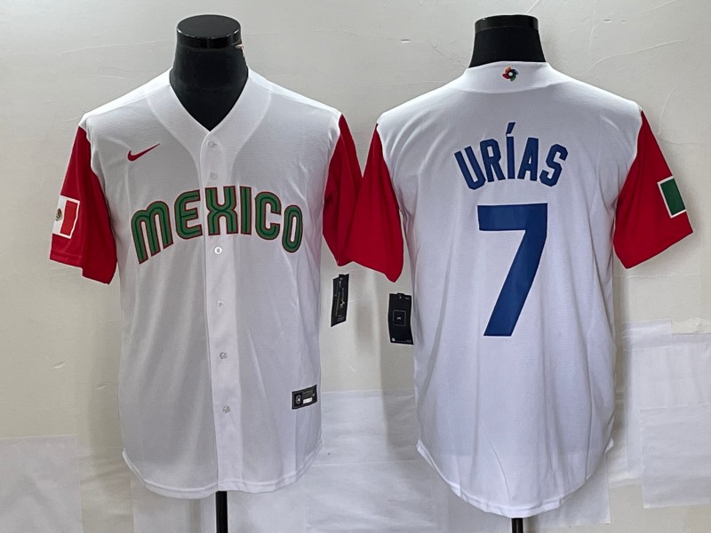Men's Mexico Baseball #7 Julio Urías 2023 White Red World Baseball With Patch Classic  Stitched Jersey