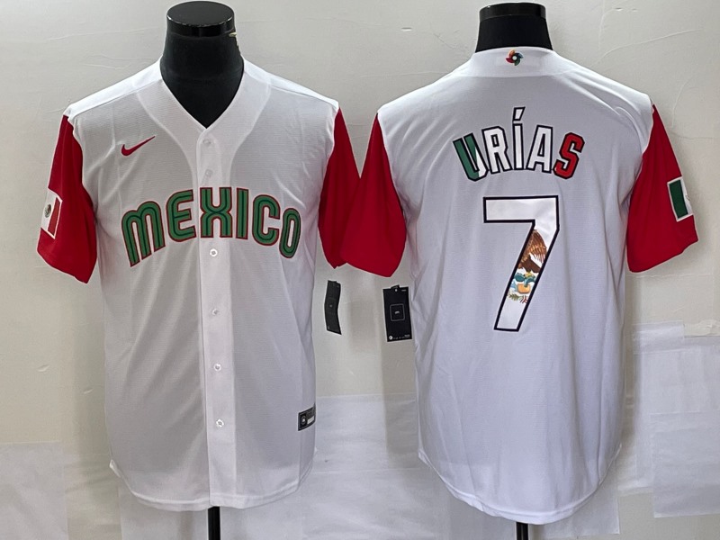 en's Mexico Baseball #7 Julio Urías 2023 White Red World Baseball With Patch Classic Stitched Jersey