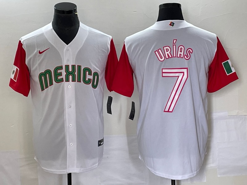 Men's Mexico Baseball #7 Julio Urías 2023 White Red World Baseball With Patch Classic    Stitched Jersey