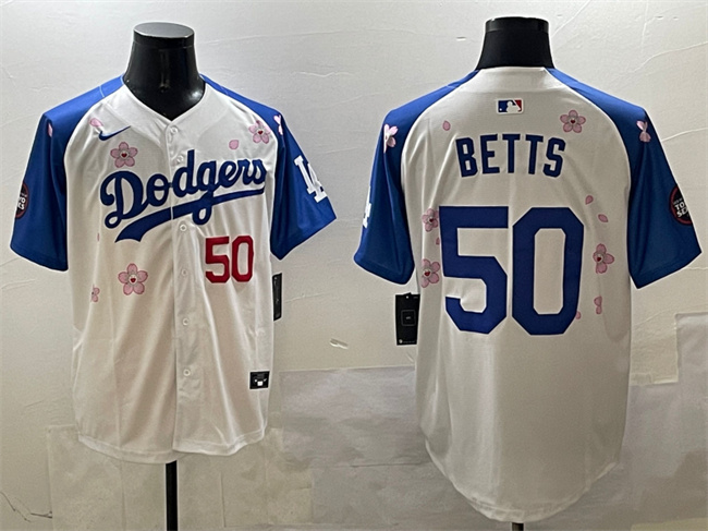Men's Los Angeles Dodgers #50 Mookie Betts White Royal 2025 Tokyo Series Limited Cherry Blossoms Baseball Jersey