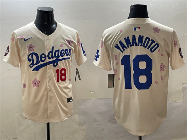 Men's Los Angeles Dodgers #18 Yoshinobu Yamamoto Cream 2025 Tokyo Series Limited Cherry Blossoms Baseball Jersey