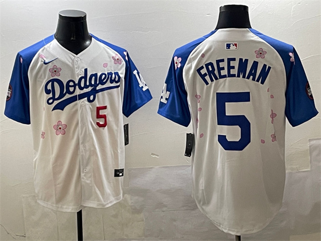 Men's Los Angeles Dodgers #5 Freddie Freeman White Royal 2025 Tokyo Series Limited Cherry Blossoms Baseball Jersey
