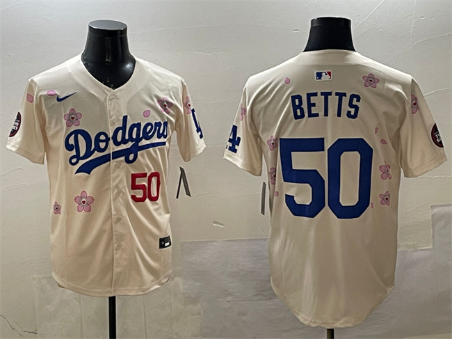 Men's Los Angeles Dodgers #50 Mookie Betts Cream 2025 Tokyo Series Limited Cherry Blossoms Baseball Jersey
