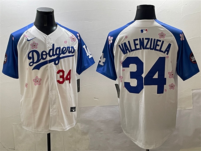 Men's Los Angeles Dodgers #34 Fernando Valenzuela White Royal 2025 Tokyo Series Limited Cherry Blossoms Baseball Jersey