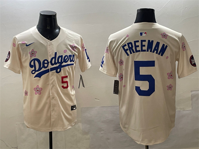 Men's Los Angeles Dodgers #5 Freddie Freeman Cream 2025 Tokyo Series Limited Cherry Blossoms Baseball Jersey