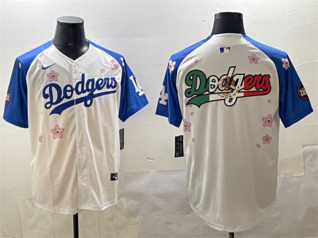 Men's Los Angeles Dodgers Team Big Logo White Royal 2025 Tokyo Series Limited Cherry Blossoms Baseball Jersey 001