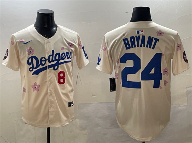 Men's Los Angeles Dodgers Front #8 Back #24 Kobe Bryant Cream 2025 Tokyo Series Limited Cherry Blossoms Baseball Jersey