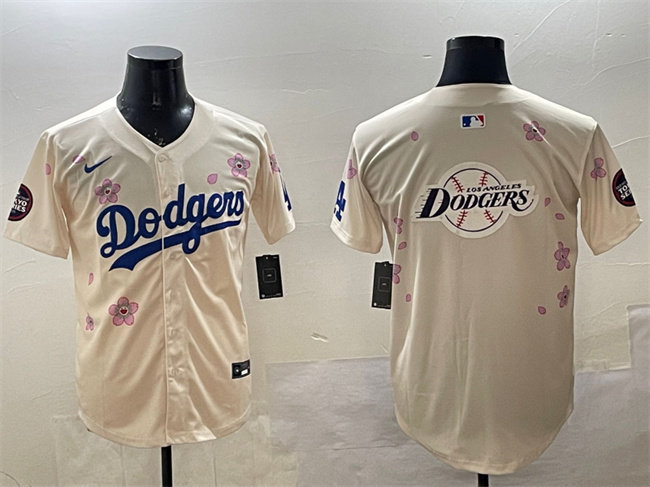 Men's Los Angeles Dodgers Team Big Logo Cream 2025 Tokyo Series Limited Cherry Blossoms Baseball Jersey