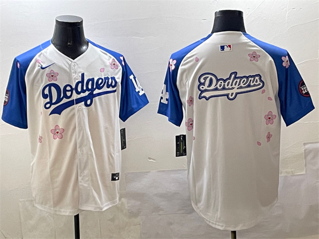 Men's Los Angeles Dodgers Team Big Logo White Royal 2025 Tokyo Series Limited Cherry Blossoms Baseball Jersey 002