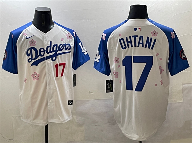 Men's Los Angeles Dodgers #17 Shohei Ohtani White Royal 2025 Tokyo Series Limited Cherry Blossoms Baseball Jersey