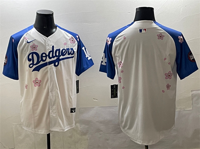 Men's Los Angeles Dodgers Blank White Royal 2025 Tokyo Series Limited Cherry Blossoms Baseball Jersey