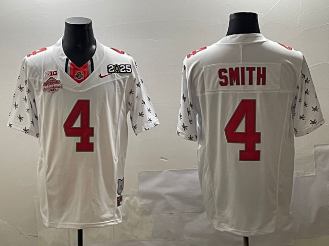 Men's Ohio State Buckeyes #4 Jeremiah Smith White 2025 CFP Final With National Champions Patch F.U.S.E. Vapor Limited Stitched Football Jersey
