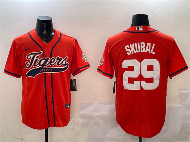 Men's Detroit Tigers #29 Tarik Skubal Orange With Patch Cool Base Stitched Baseball Jersey
