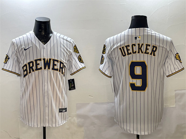 Men's Milwaukee Brewers #9 Bob Uecker White With Home Patch Limited Stitched Baseball Jersey