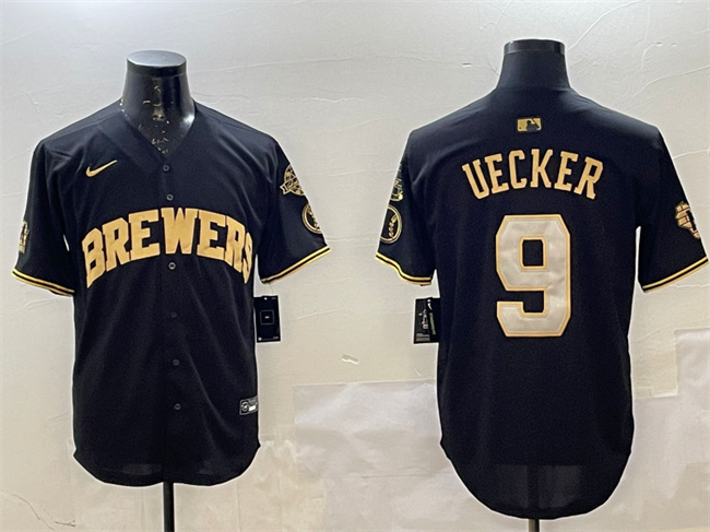 Men's Milwaukee Brewers #9 Bob Uecker Black Gold With Home Patch Limited Stitched Baseball Jersey