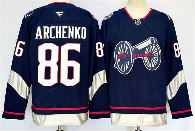 Men's Columbus Blue Jackets #86 Kirill Marchenko Navy 2024-25 With C Patch Stitched Hockey Jersey