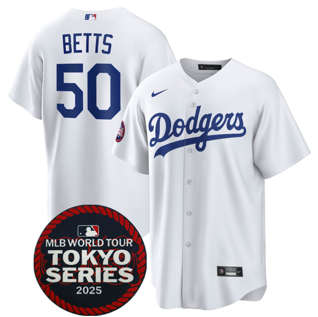 Men's Los Angeles Dodgers #50 Mookie Betts White 2025 World Tour Tokyo Series Home Cherry Blossoms Baseball Jersey
