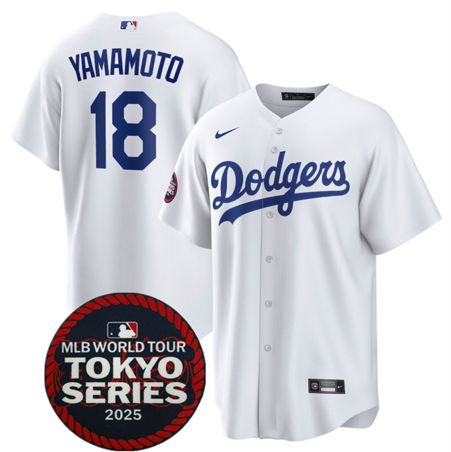 Men's Los Angeles Dodgers #18 Yoshinobu Yamamoto White 2025 World Tour Tokyo Series Home Cherry Blossoms Baseball Jersey