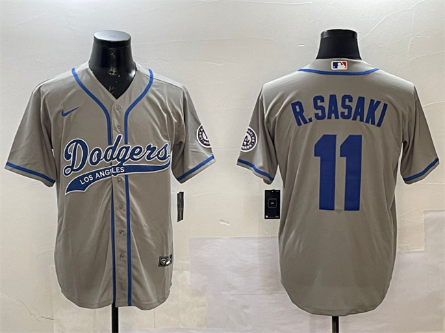 Men's Los Angeles Dodgers #11 Roki Sasaki Grey With Patch Cool Base Stitched Baseball  Jersey