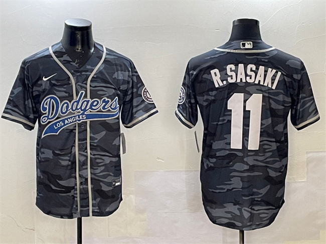 Men's Los Angeles Dodgers #11 Roki Sasaki Grey Camo With Patch Cool Base Stitched Baseball Jersey