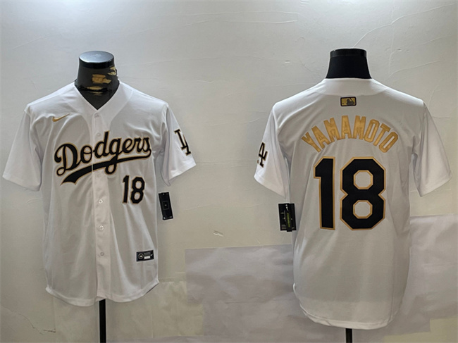 Men's Los Angeles Dodgers #18 Yoshinobu Yamamoto White Gold Home Limited Stitched Baseball  Jersey