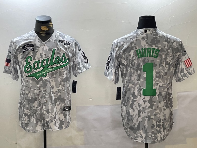 Men's Philadelphia Eagles #1 Jalen Hurts Arctic Camo 2024 Salute to Service Stitched Baseball  Jersey