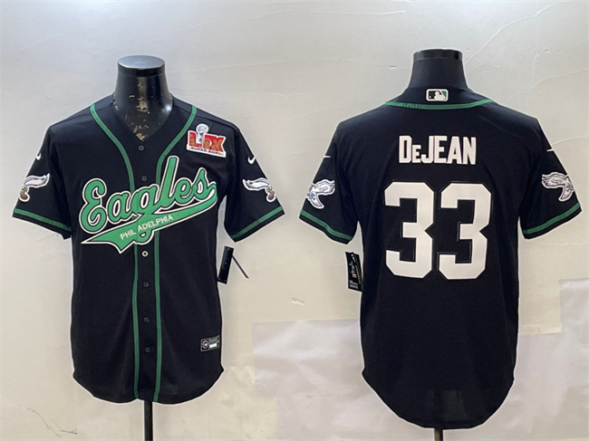 Men's Philadelphia Eagles #33 Cooper DeJean Black 2025 Super Bowl LIX Patch Cool Base Stitched Baseball Jersey