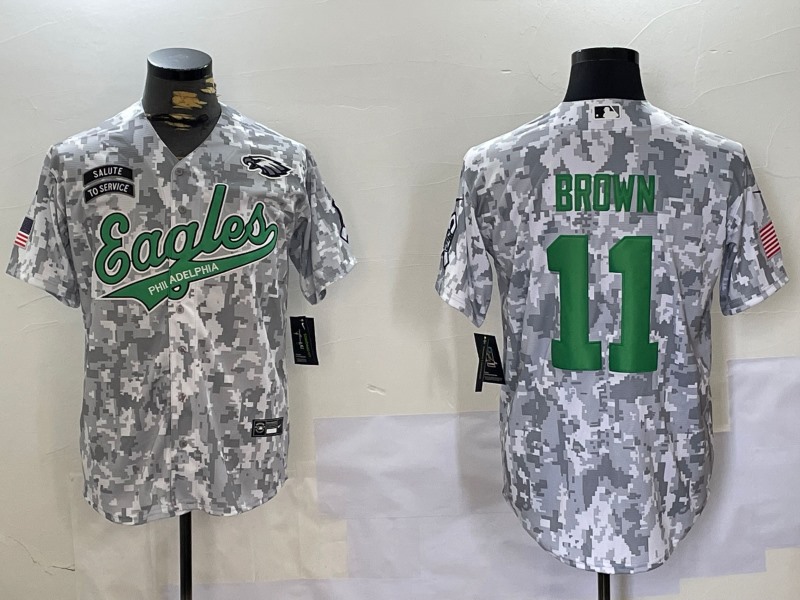 Men's Philadelphia Eagles #11 AJ Brown Arctic Camo 2024 Salute to Service Stitched Baseball  Jersey