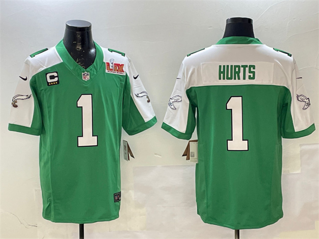 Men's Philadelphia Eagles #1 Jalen Hurts Green White 2025 Super Bowl LIX Patch And 4-Star C Patch F.U.S.E. Vapor Untouchable Limited Stitched Football Jersey