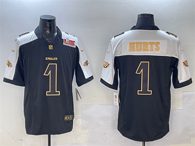 Men's Philadelphia Eagles #1 Jalen Hurts Black Gold 2025 Super Bowl LIX Patch New F.U.S.E. Vapor Untouchable Limited Stitched Football Jersey