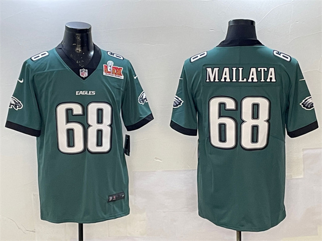 Men's Philadelphia Eagles #68 Jordan Mailata Green 2025 Super Bowl LIX Patch New Vapor Untouchable Limited Stitched Football Jersey