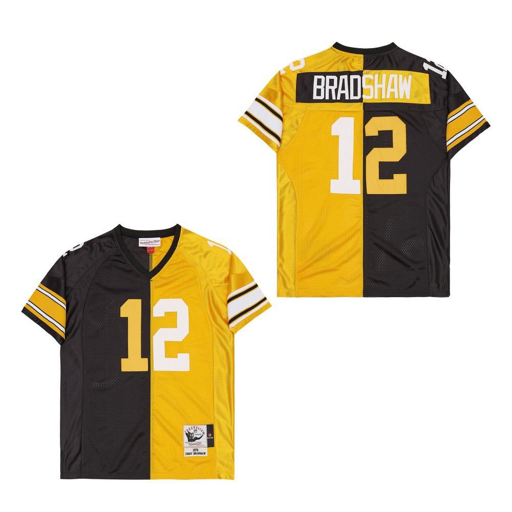 Men's  Pittsburgh Steelers #12 Terry Bradshaw Mitchell & Ness 1976 Split Legacy Replica Jersey - Black Gold