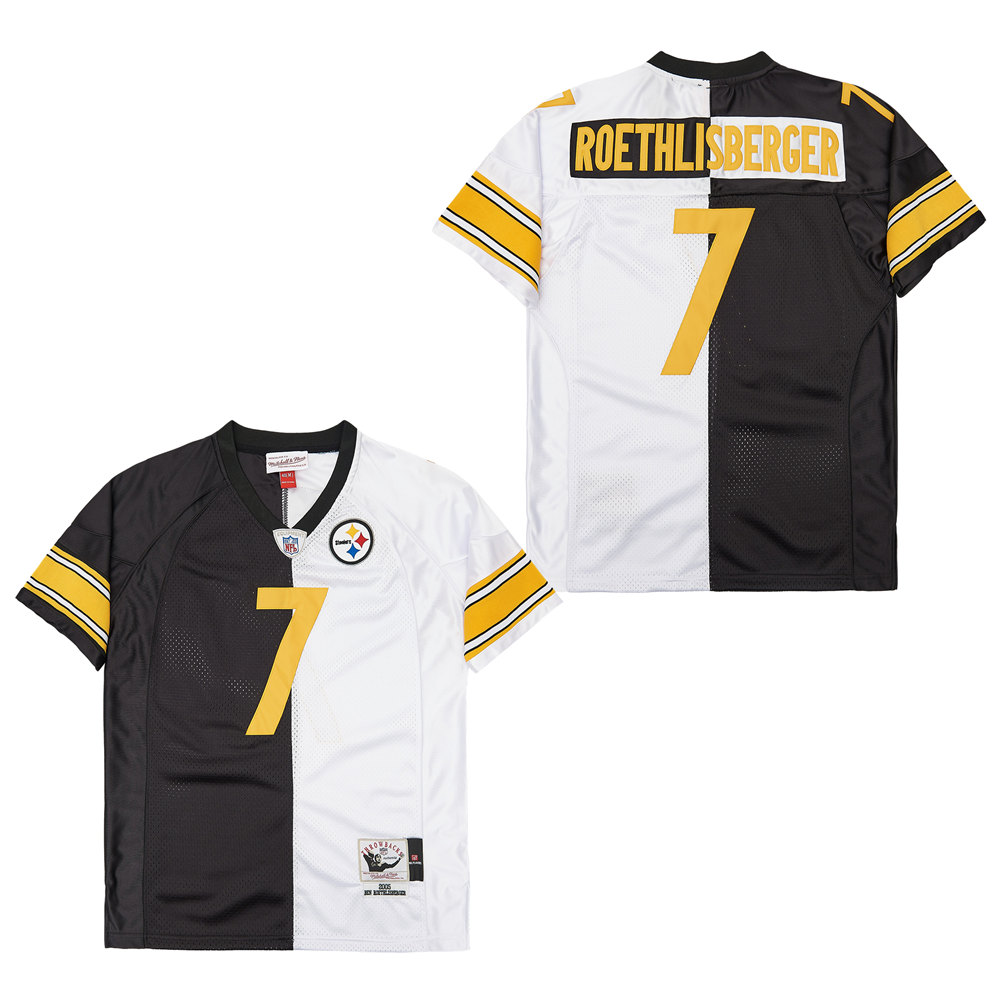 Men's Pittsburgh Steelers #7 Ben Roethlisberger Mitchell & Ness Big & Tall Split Legacy Retired Player Replica Jersey - Black White