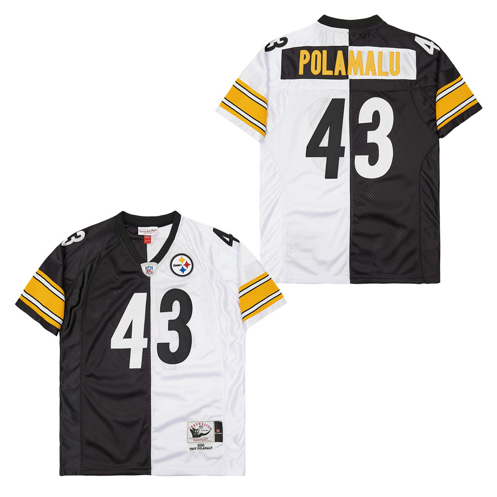 Men's Pittsburgh Steelers #43 Troy Polamalu Mitchell & Ness Big & Tall Split Legacy Retired Player Replica Jersey - Black White