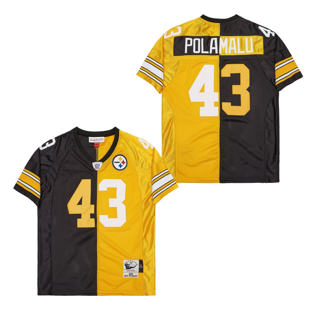 Men's Pittsburgh Steelers #43 Troy Polamalu Mitchell & Ness Big & Tall Split Legacy Retired Player Replica Jersey - Black Gold