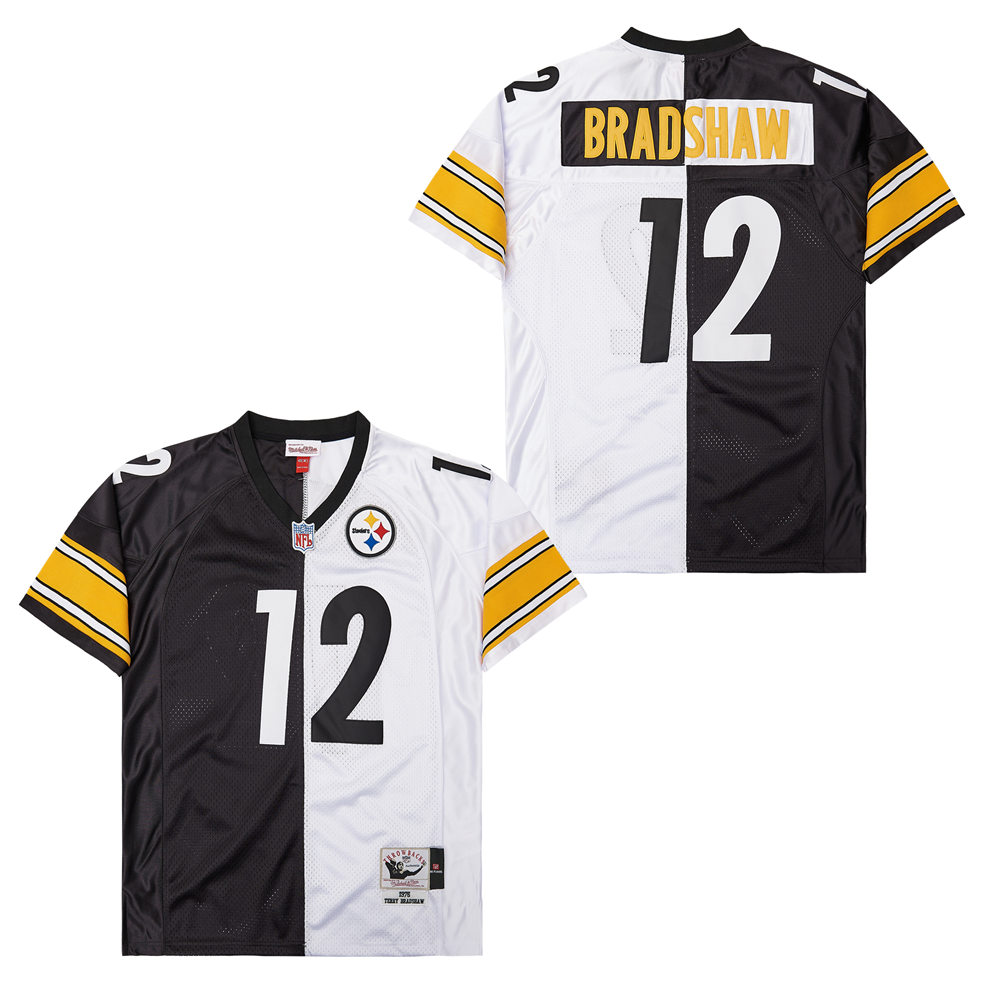 Men's  Pittsburgh Steelers #12 Terry Bradshaw Mitchell & Ness 1976 Split Legacy Replica Jersey - Black White