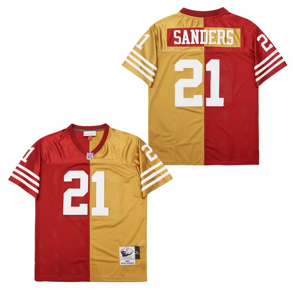 Men's San Francisco 49ers #21 Deion Sanders Mitchell & Ness Split Legacy Replica Jersey - Scarlet Gold
