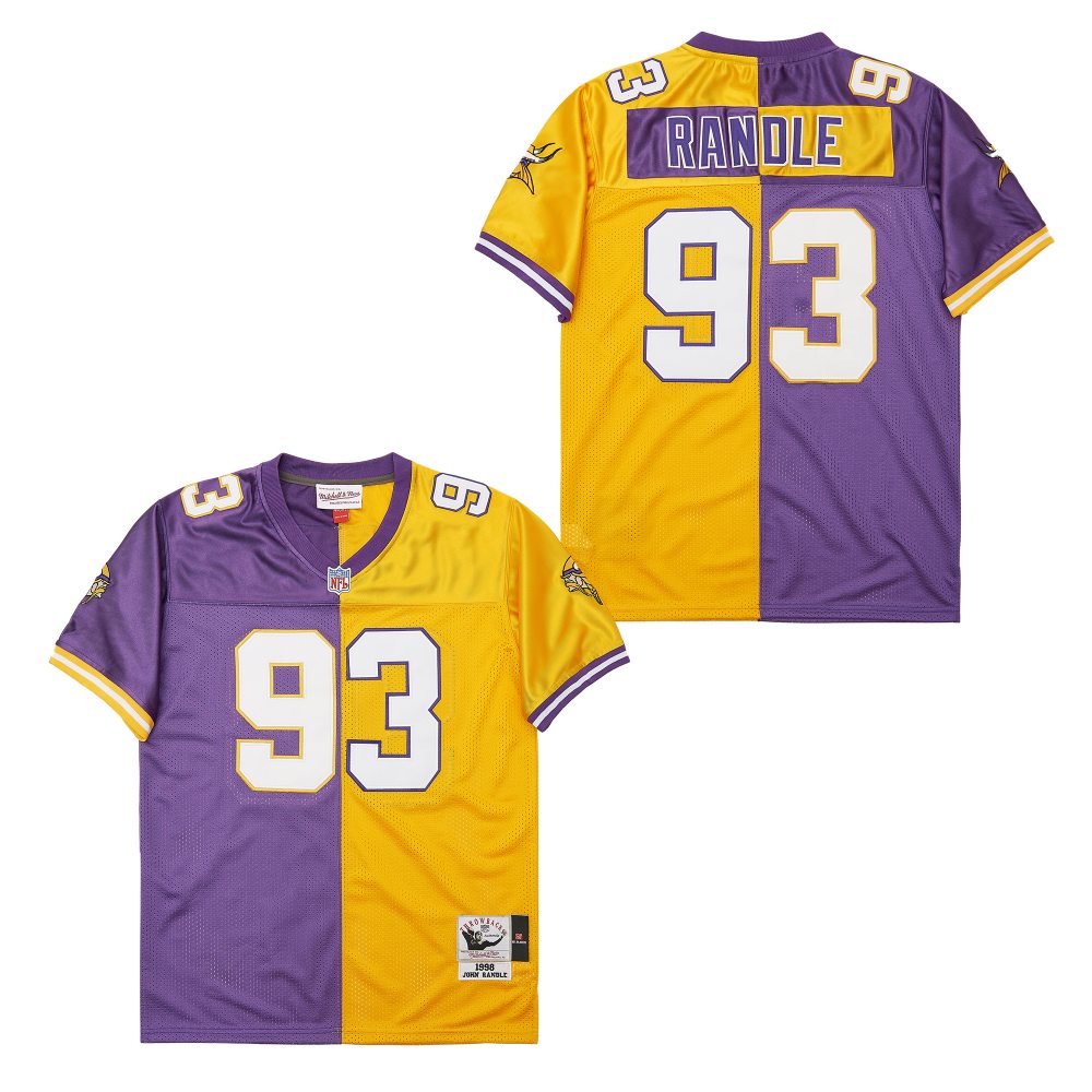Men's Minnesota Vikings #93 John Randle Mitchell & Ness 1998 Split Legacy Replica Jersey - Purple Gold