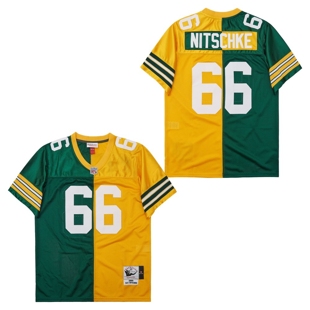 Men's Green Bay Packers #66  Ray Nitschke Mitchell & Ness 1969 Split Legacy Replica Jersey - Green Gold