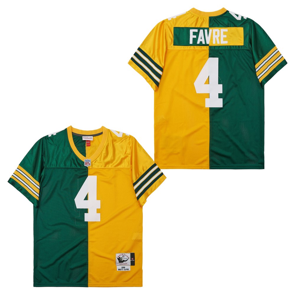 Men's Green Bay Packers #4 Brett Favre  Mitchell & Ness 1996 Split Legacy Replica Jersey - Green Gold