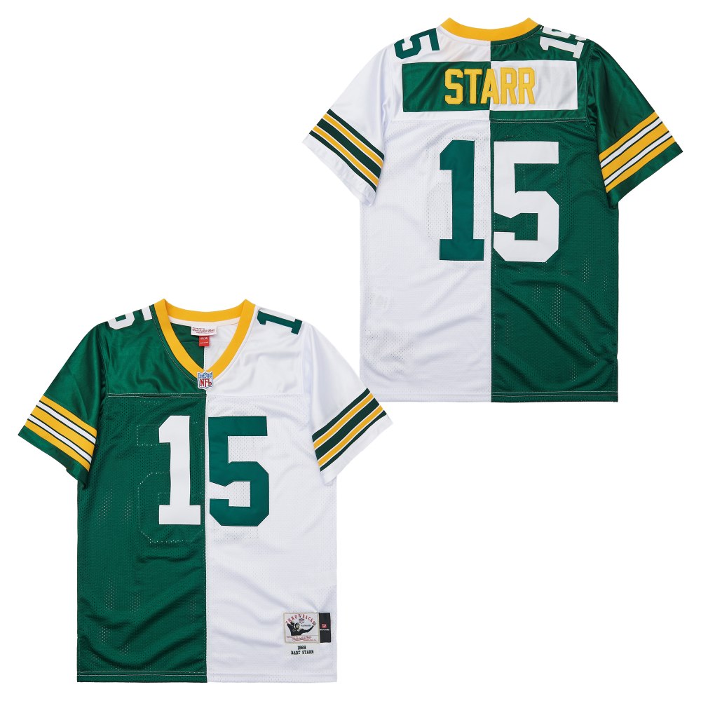 Men's Green Bay Packers #15 Bart Starr  Mitchell & Ness 1969 Split Legacy Replica Jersey - Green White
