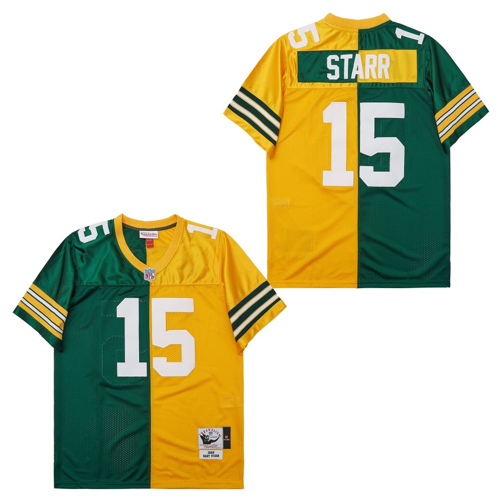 Men's Green Bay Packers #15 Bart Starr  Mitchell & Ness 1969 Split Legacy Replica Jersey - Green Gold