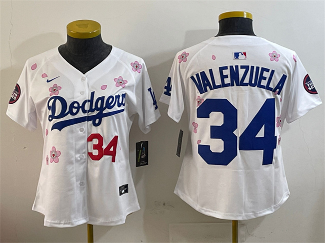 Women's Los Angeles Dodgers #34 Fernando Valenzuela White 2025 Tokyo Series Limited Cherry Blossoms Baseball Jersey(Run Small)