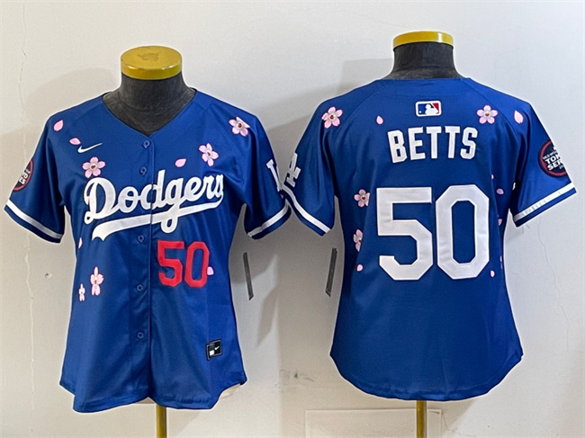 Women's Los Angeles Dodgers #50 Mookie Betts Royal 2025 Tokyo Series Limited Cherry Blossoms Baseball Jersey(Run Small)